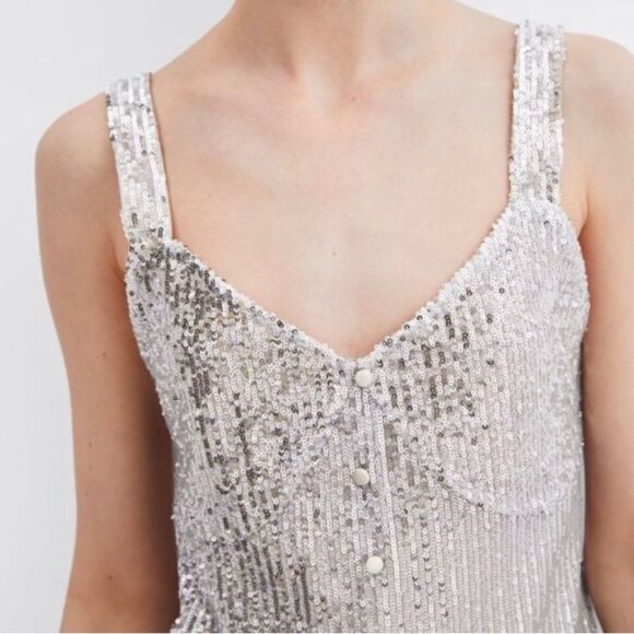 NWT Zara Trafaluc Silver Sequin Midi Dress Size Medium - Picture 2 of 16